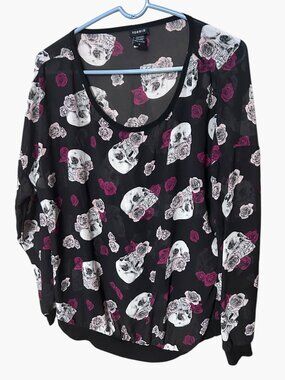 Torrid Size 0 (L / 12) Sheer Black Skull Rose Print Chiffon Top Long Sleeve Goth